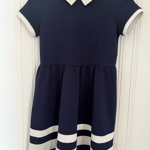 Girls Navy Dress with White Collar and Stripe Hem